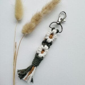 White Floral Macrame Keychain