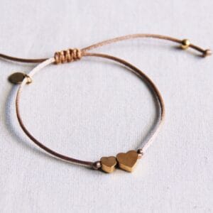 Satin Bracelet with Small & Large Heart - Gold/Taupe